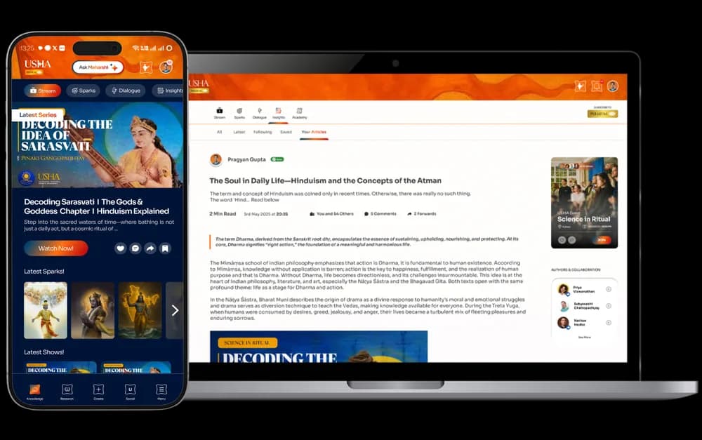 The USHA Maharshi digital platform shown on a laptop and tablet, with the stream, insights and academy surfaces open.